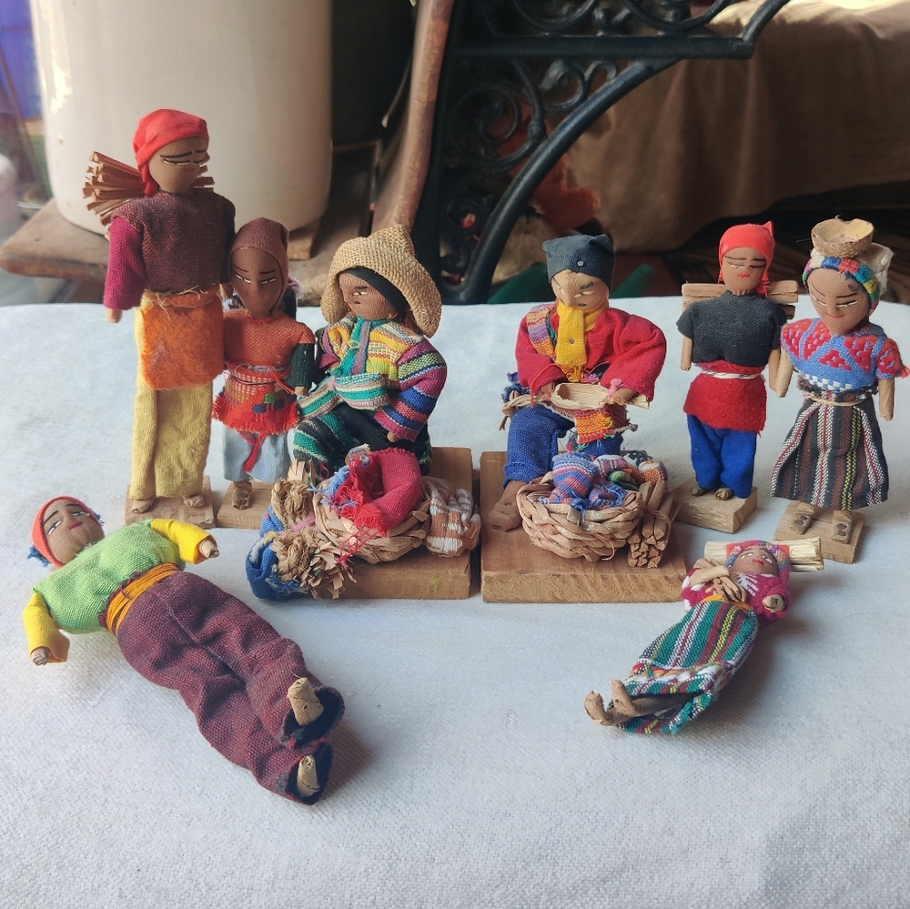 Guatemalan Folk Art Cloth Doll Collection of 8 Native Ethnic Traditional Vintage